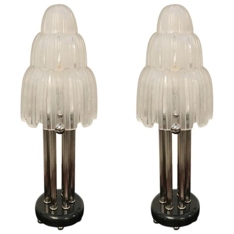 Pair of French Art Deco "Waterfall" Table Lamps Signed by Sabino