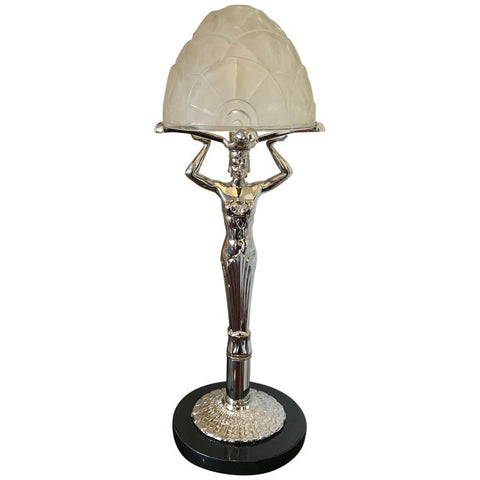 French Art Deco Female figurative Table Lamp by Degue