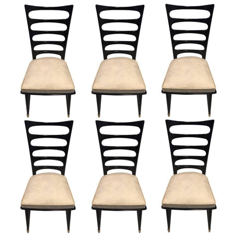 Set of Six French Art Deco Ebonized Dining Chairs, circa 1940s