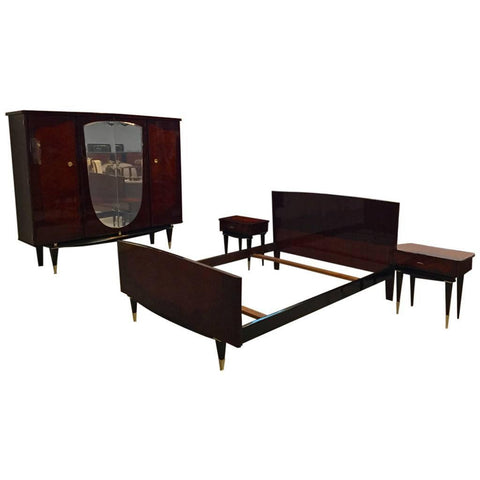 French Art Deco Bedroom Set: Bed, Nightstands and Armoire