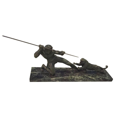 Grand French Art Deco Hunter and Tiger Sculpture Signed