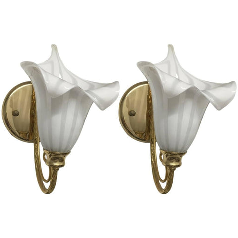 Pair of Italian Murano Calla Lily Mid-Century Brass Sconces