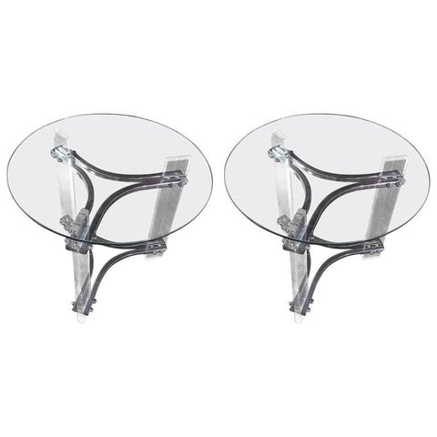 Pair of Mid Century Modern Lucite, Chrome, and Glass Side tables