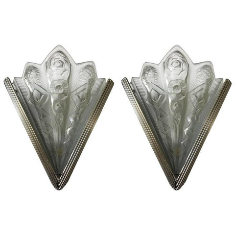 Pair of French Art Deco Geometric Sconces Signed by Noverdy