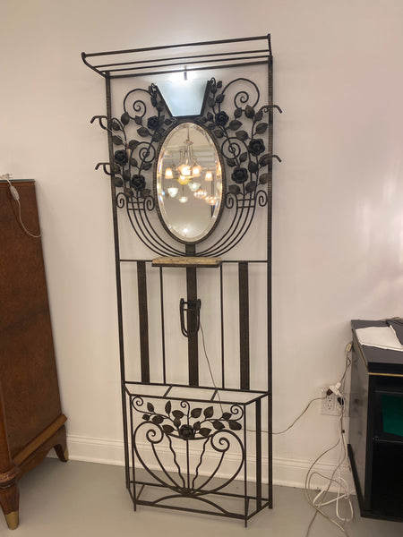 French Art Deco Hall Tree Coat Rack with Glass Light Sconce