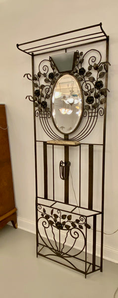 French Art Deco Hall Tree Coat Rack with Glass Light Sconce