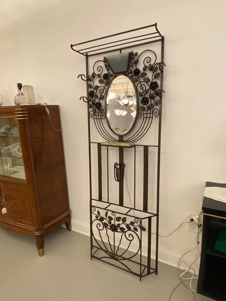 French Art Deco Hall Tree Coat Rack with Glass Light Sconce