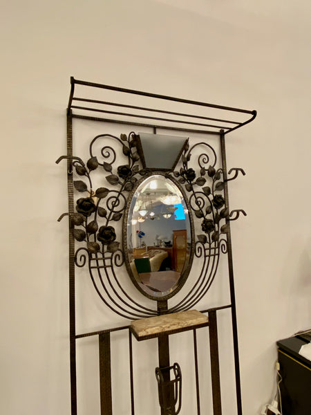 French Art Deco Hall Tree Coat Rack with Glass Light Sconce