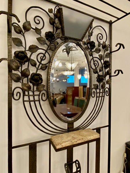 French Art Deco Hall Tree Coat Rack with Glass Light Sconce