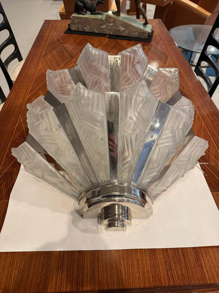 Grand Pair of French Art Deco Geometric Wall Sconces by Degue