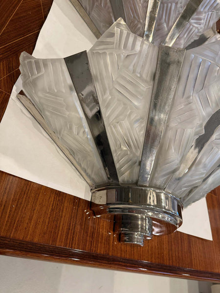 Grand Pair of French Art Deco Geometric Wall Sconces by Degue