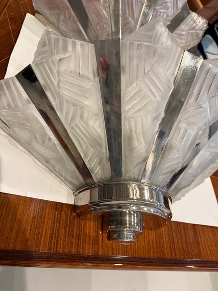 Grand Pair of French Art Deco Geometric Wall Sconces by Degue