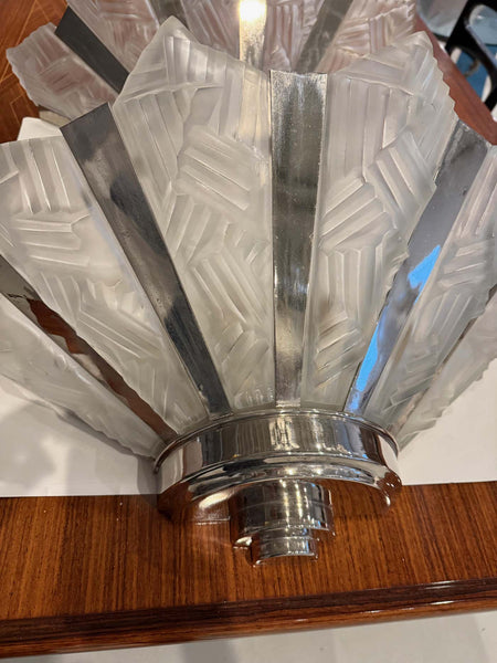 Grand Pair of French Art Deco Geometric Wall Sconces by Degue