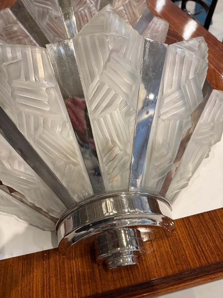 Grand Pair of French Art Deco Geometric Wall Sconces by Degue