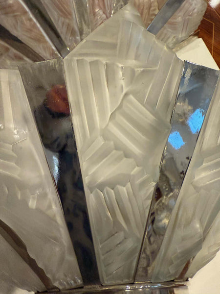 Grand Pair of French Art Deco Geometric Wall Sconces by Degue