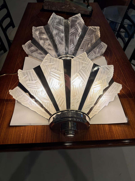 Grand Pair of French Art Deco Geometric Wall Sconces by Degue