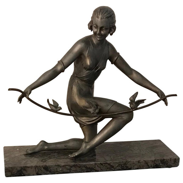 French Art Deco Female Sculpture on Marble