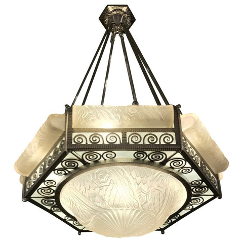 French Art Deco Hexagonal Chandelier by Schneider