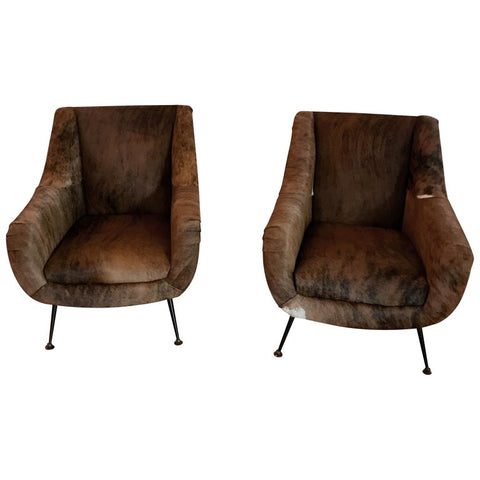 Pair of Italian Mid-Century Modern Club Chairs Covered in Cowhide