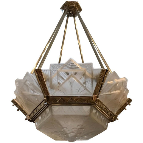 Grand French Art Deco Geometric Chandelier Signed by Muller Freres Luneville