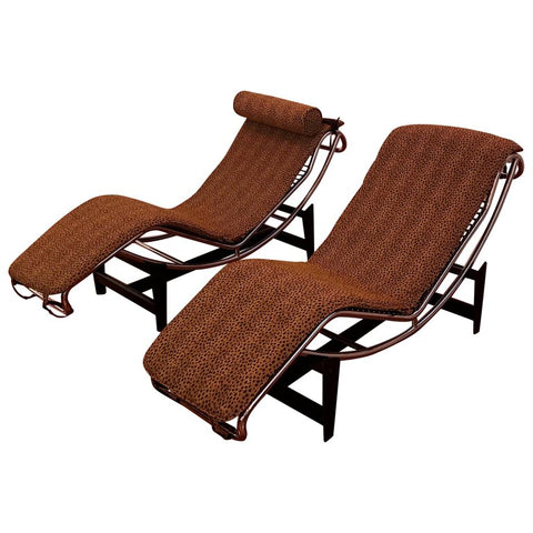Pair of Le Corbusier LC4 Style Leopard Print and Chrome Lounge Chair