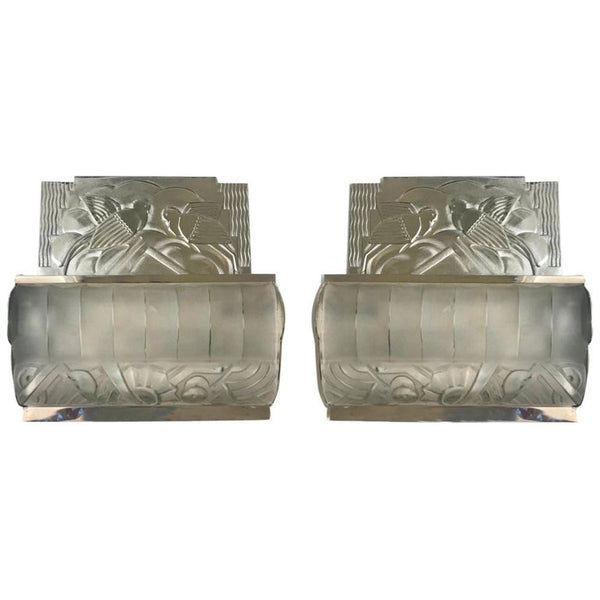 Pair of French Art Deco Bird Sconces with Geometric Motif by Sabino