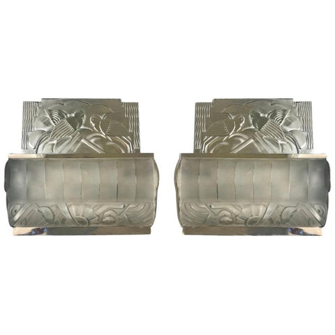 Pair of French Art Deco Bird Sconces with Geometric Motif by Sabino