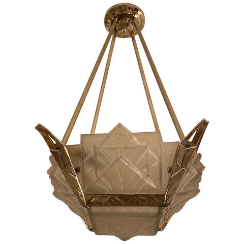 French Art Deco Geometric Chandelier Signed by Muller Frères Luneville