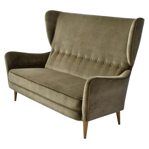 1950s Italian Paolo Buffa Two-Seat Wingback Sofa in Grey Velvet