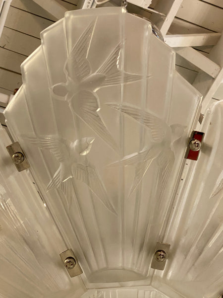 French Art Deco Birds in Flight Chandelier Signed by Sabino
