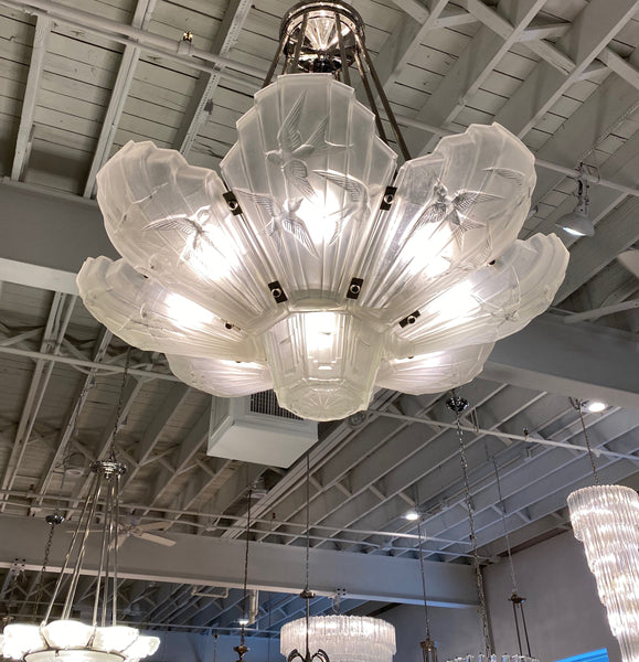 French Art Deco Birds in Flight Chandelier Signed by Sabino