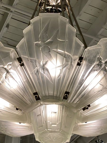 French Art Deco Birds in Flight Chandelier Signed by Sabino