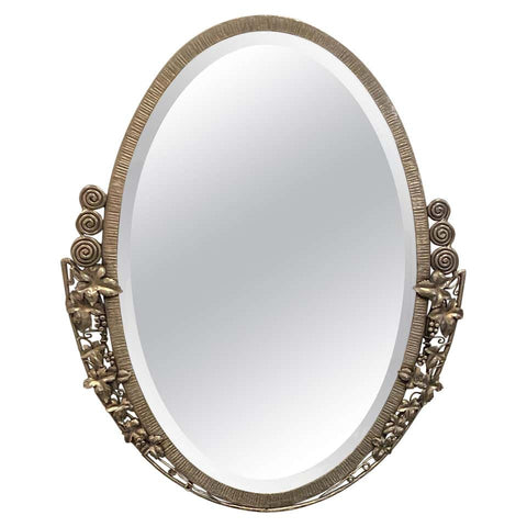 French Art Deco Oval Nickel Beveled Mirror