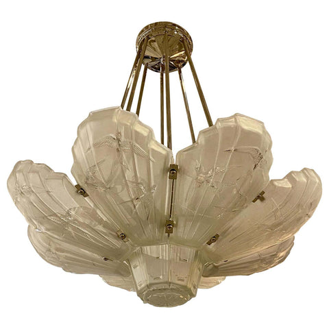 French Art Deco Birds in Flight Chandelier Signed by Sabino