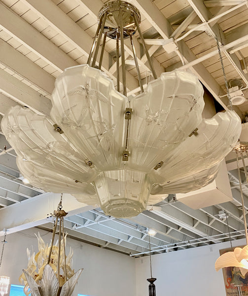 French Art Deco Birds in Flight Chandelier Signed by Sabino