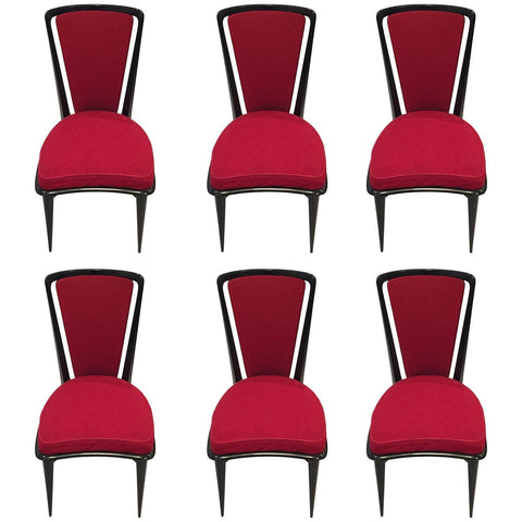 French Art Deco Black Lacquer Dining Chairs Set of Six