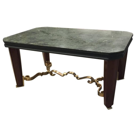 French Art Deco Dining Table with Marble Top and Gold Hardware