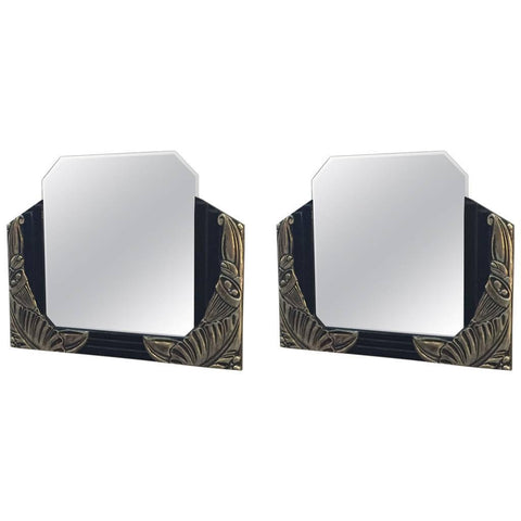 Pair of French Art Deco Black Lacquer and White Gold Mirrors
