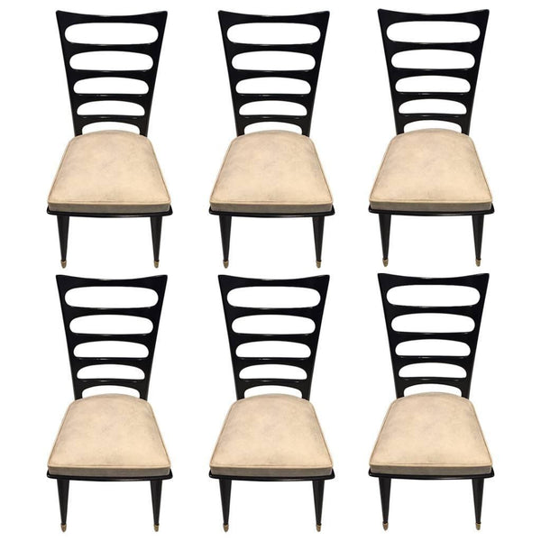 Set of Six French Art Deco Ebonized Dining Chairs, circa 1940s