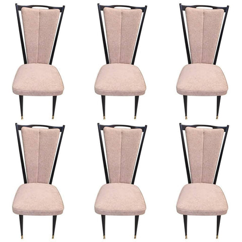 French Art Deco Black Lacquer Dining Chairs, Set of Six