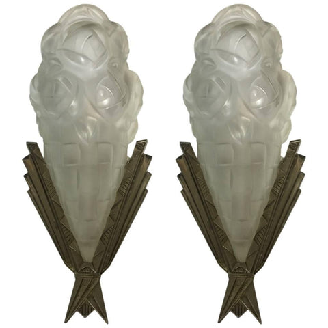 Pair of French Art Deco Signed Degue Sconces