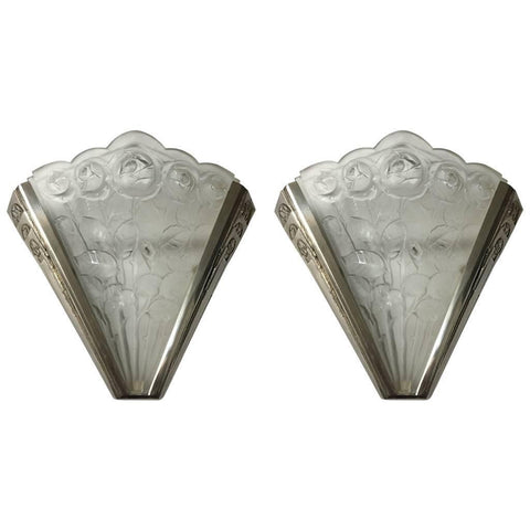 Pair of French Art Deco Sconces Signed by Verrerie des Hanots