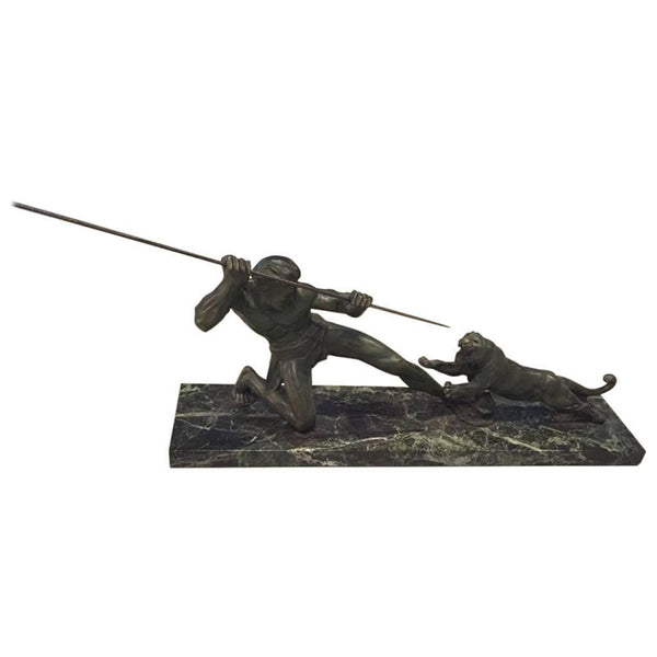 Grand French Art Deco Hunter and Tiger Sculpture Signed