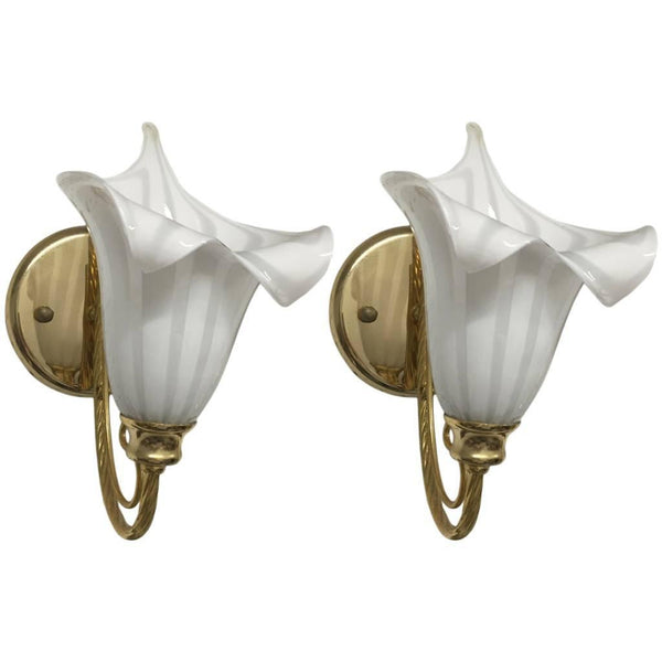 Pair of Italian Murano Calla Lily Mid-Century Brass Sconces
