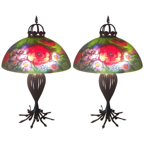 Signed Original Pair of Mikael Darni Floral Green Table Lamps