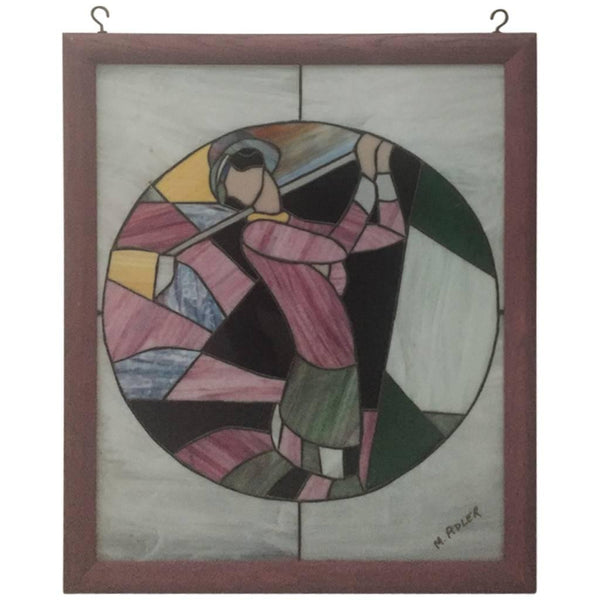 Signed Art Deco Stained Glass Woman Golfer