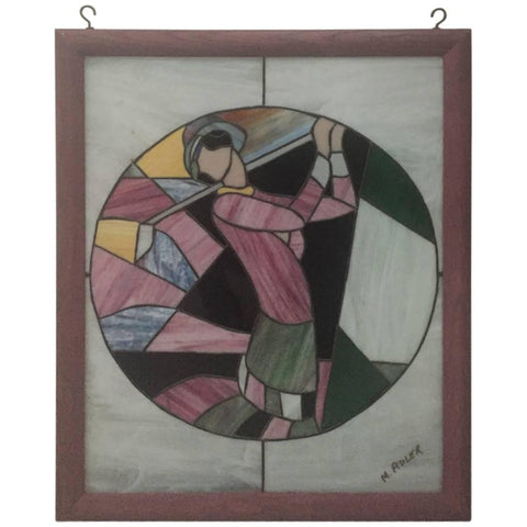 Signed Art Deco Stained Glass Woman Golfer
