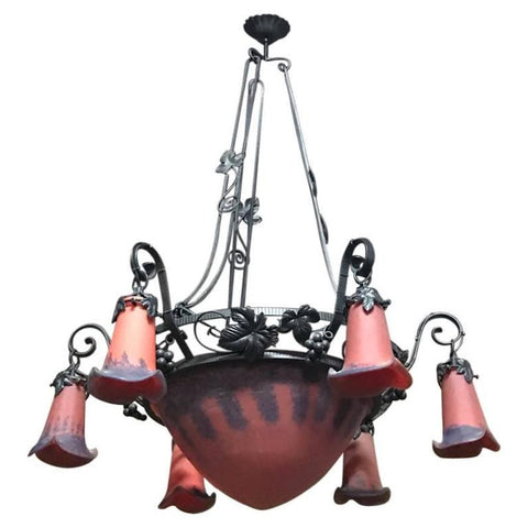 French Art Deco Red and Blue Chandelier