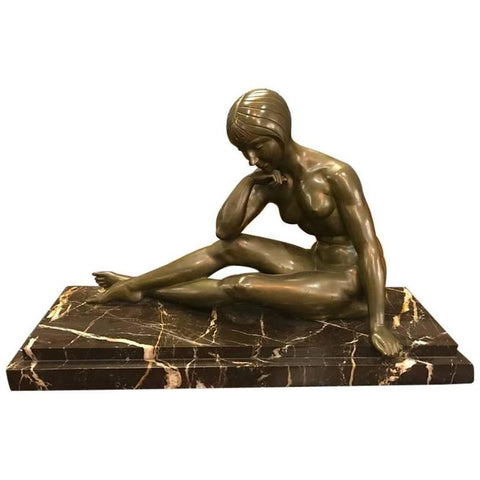 Signed French Art Deco Bronze sculpture of Nude Seated Female