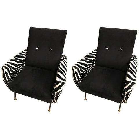 Mid-Century Pair of Metal Club Chairs with Faux Zebra Print